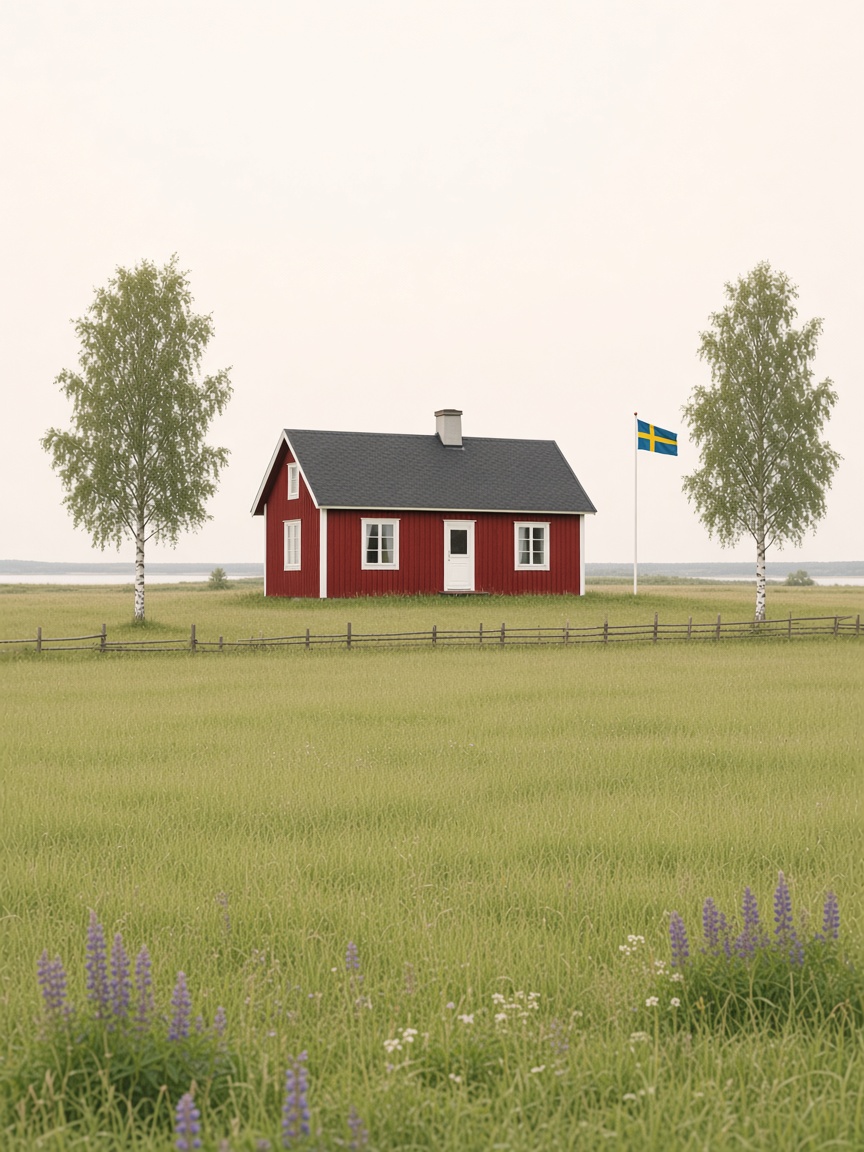 Ett rött svenskt hus med björkar och den svenska flaggan.
